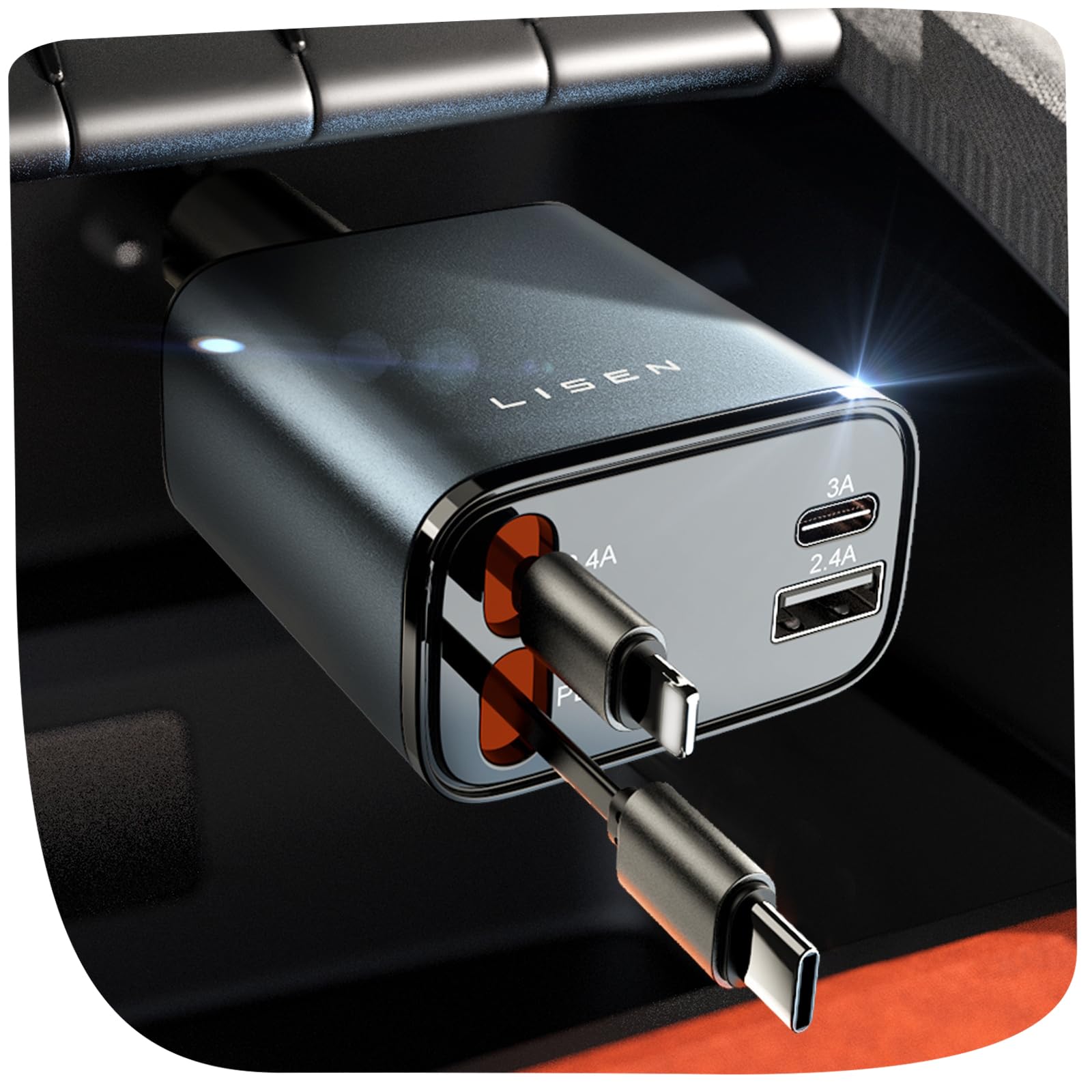 Retractable Car Charger – 69W 4-Port USB-C